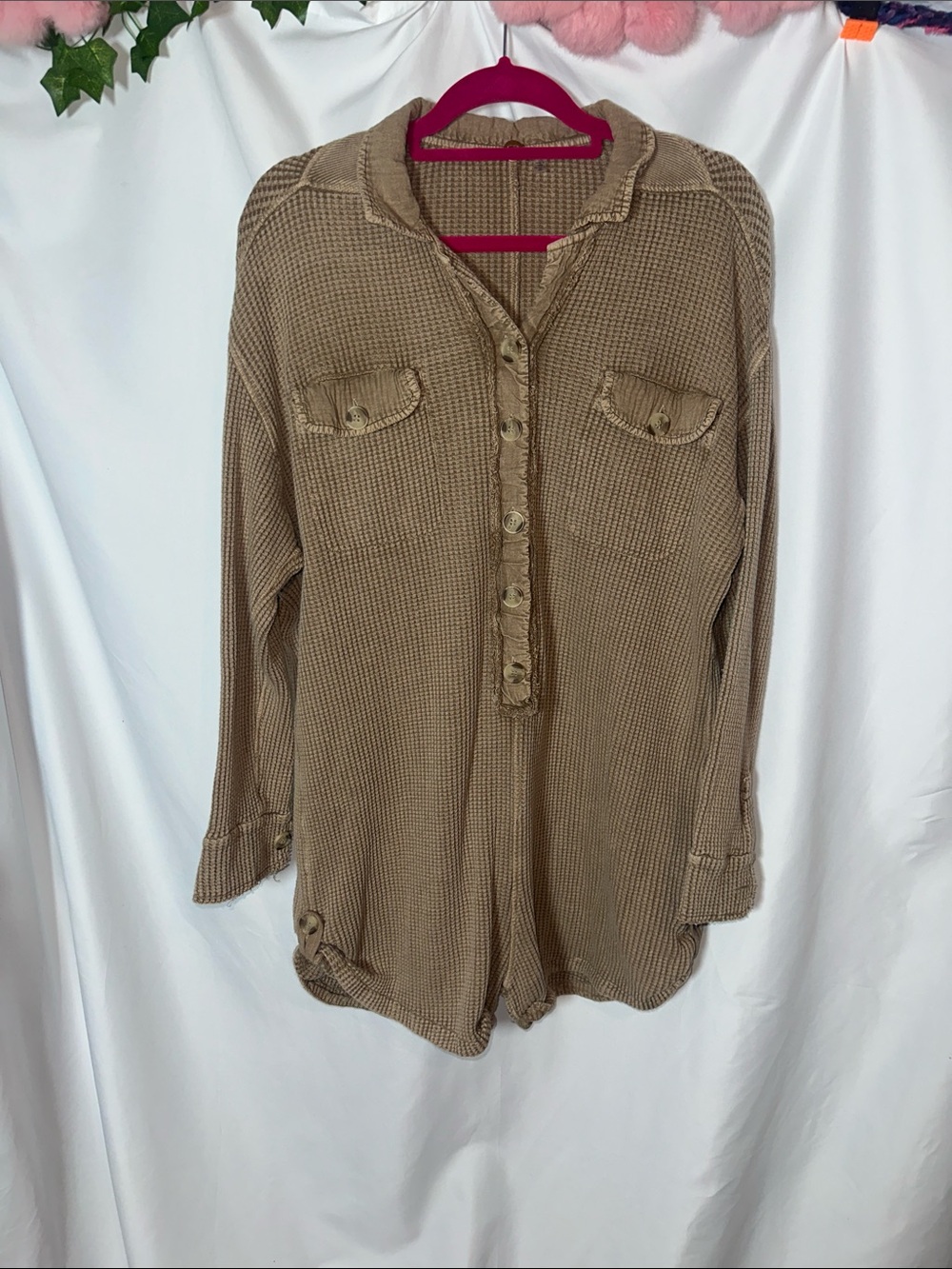 Free People Taupe Waffle-Knit oversized Button Romper